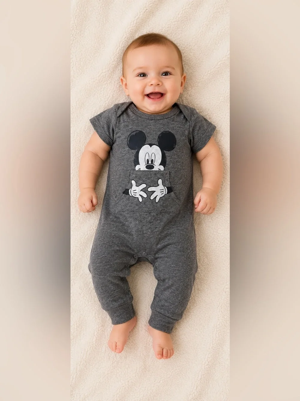 6-9 MTH Disney Gray Mickey Mouse Pocket One-Piece Bodysuit